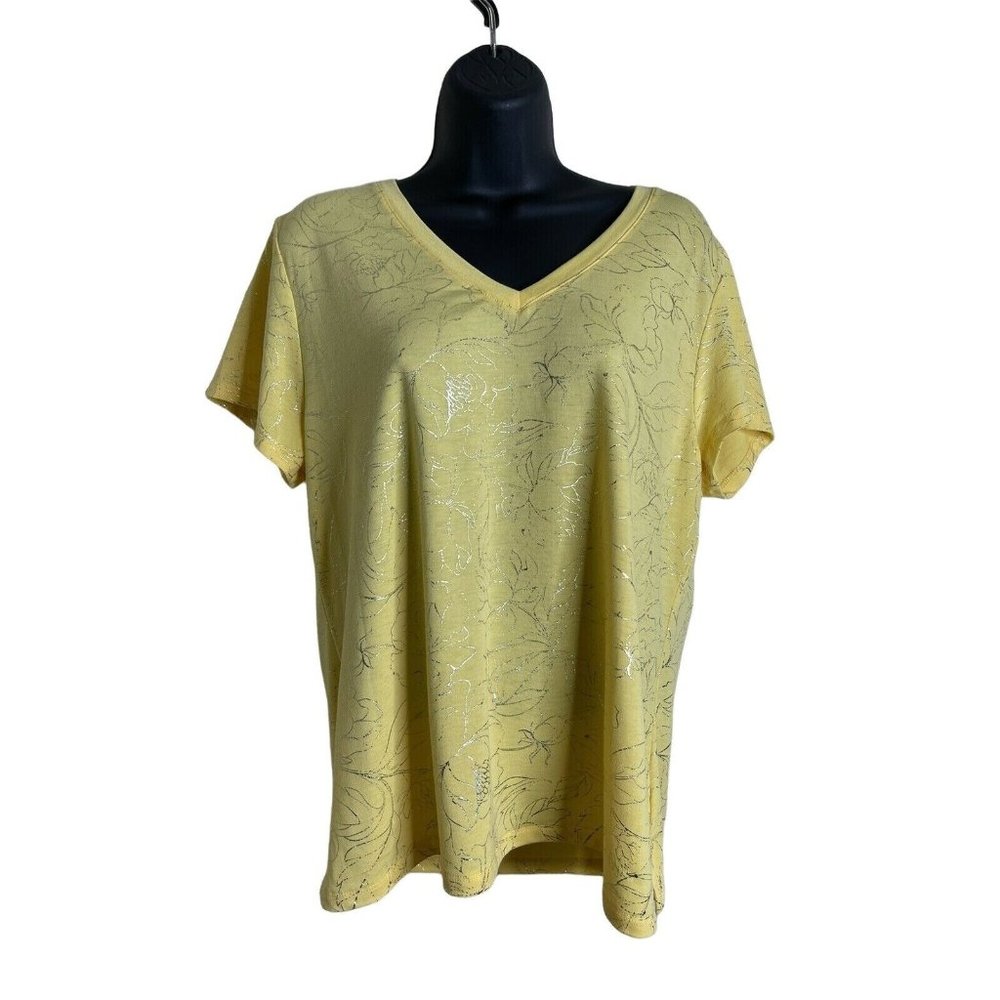 Massini Top Womens Size L Short Sleeve Yellow Metallic Floral Print Shirt V Neck